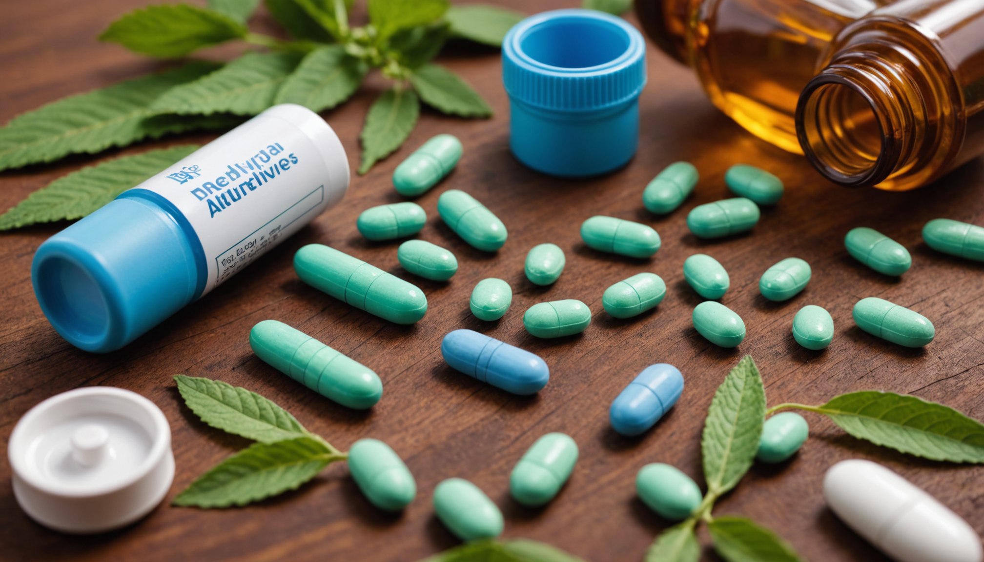 Natural herbal supplements often discussed as Viagra alternatives for erectile support, shown with caution symbols and healthy lifestyle context